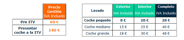 Tarifas servicios extra lavado itv revision mecanica
